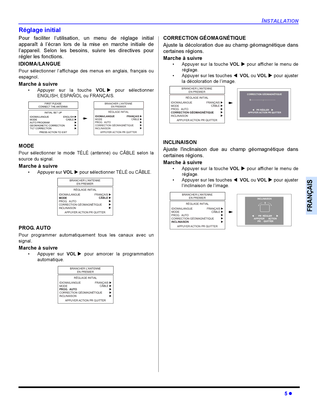 Panasonic CT 36HL44, CT-32HL44 Réglage initial, PROG. Auto, Correction Géomagnétique, Inclinaison, VOL ou VOL 