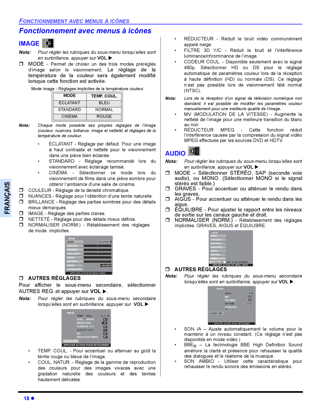 Panasonic CT-32HL44, CT 36HL44 manuel dutilisation Fonctionnement avec menus à icônes, Image, ˆ Autres Réglages 