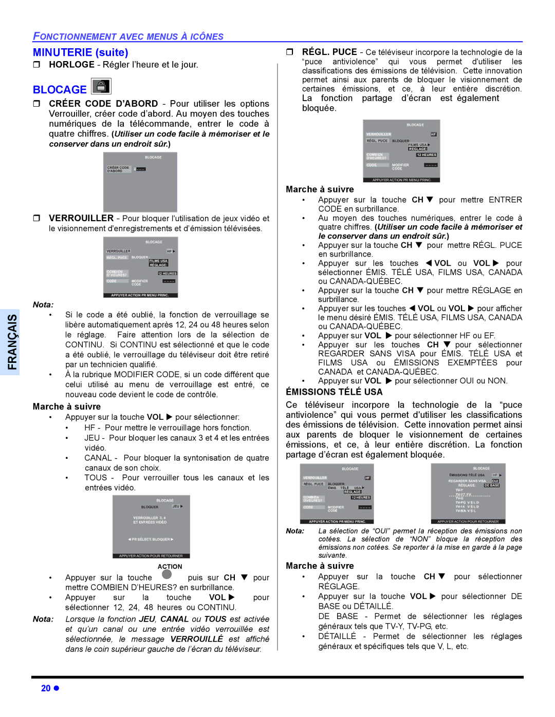 Panasonic CT-32HL44 Minuterie suite, Blocage, ˆ Horloge Régler l’heure et le jour, Émissions Télé USA, VOL ou VOL pour 