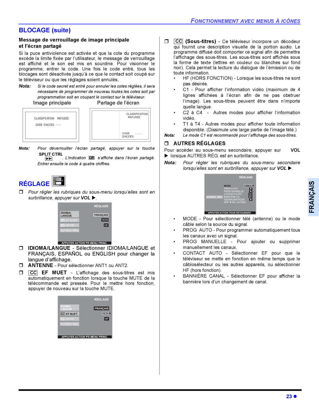 Panasonic CT 36HL44 Réglage, Image principale Partage de l’écran, Pour accéder au sous-menu secondaire, appuyer sur 