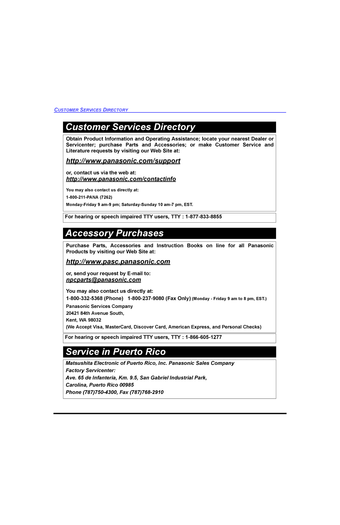 Panasonic CT-32HL44, CT 36HL44 manuel dutilisation Customer Services Directory 