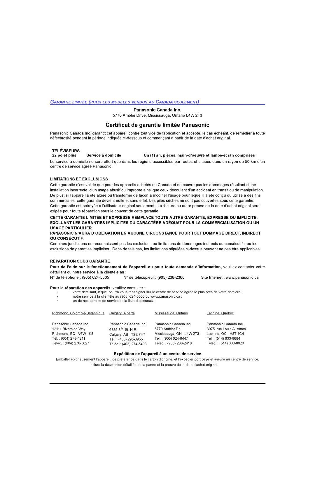 Panasonic CT-32HL44, CT 36HL44 manuel dutilisation Téléviseurs, Limitations ET Exclusions, Réparation Sous Garantie 