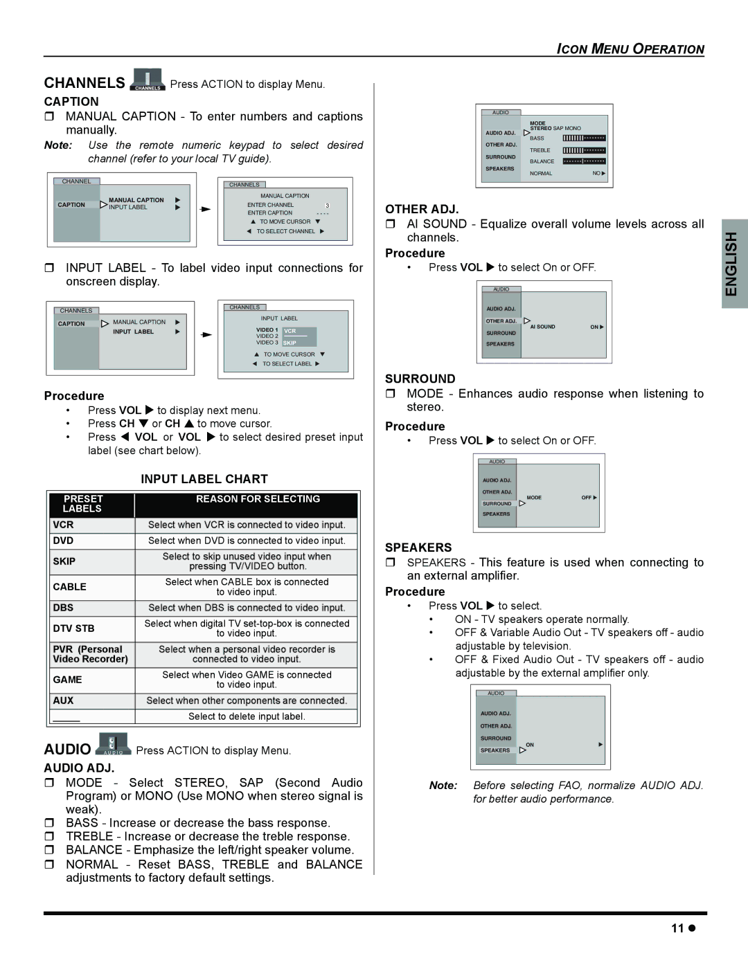 Panasonic CT-32SC15, CT-32SL15, CT 32SL15 manuel dutilisation Caption, Input Label Chart, Audio ADJ, Surround, Speakers 