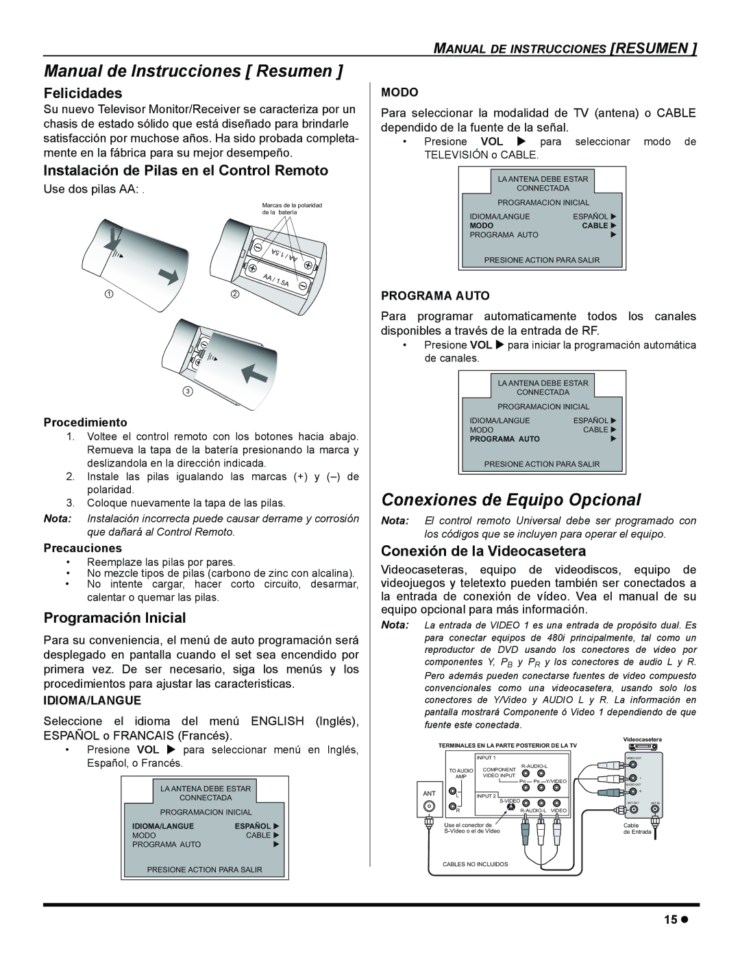 Panasonic CT-32SC15, CT-32SL15, CT 32SL15 manuel dutilisation Manual de Instrucciones Resumen, Conexiones de Equipo Opcional 