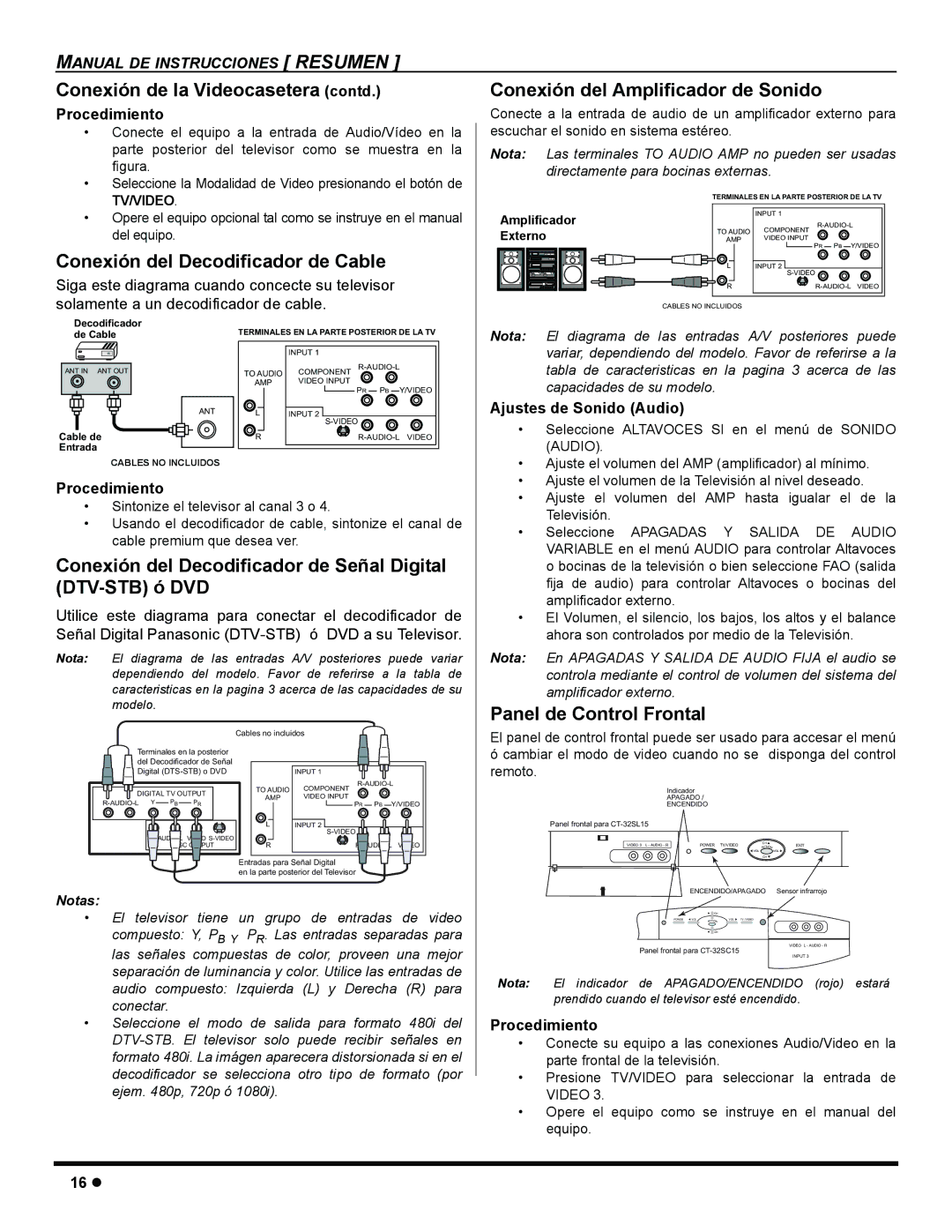 Panasonic CT 32SL15 Conexión de la Videocasetera contd, Conexión del Decodificador de Cable, Panel de Control Frontal 