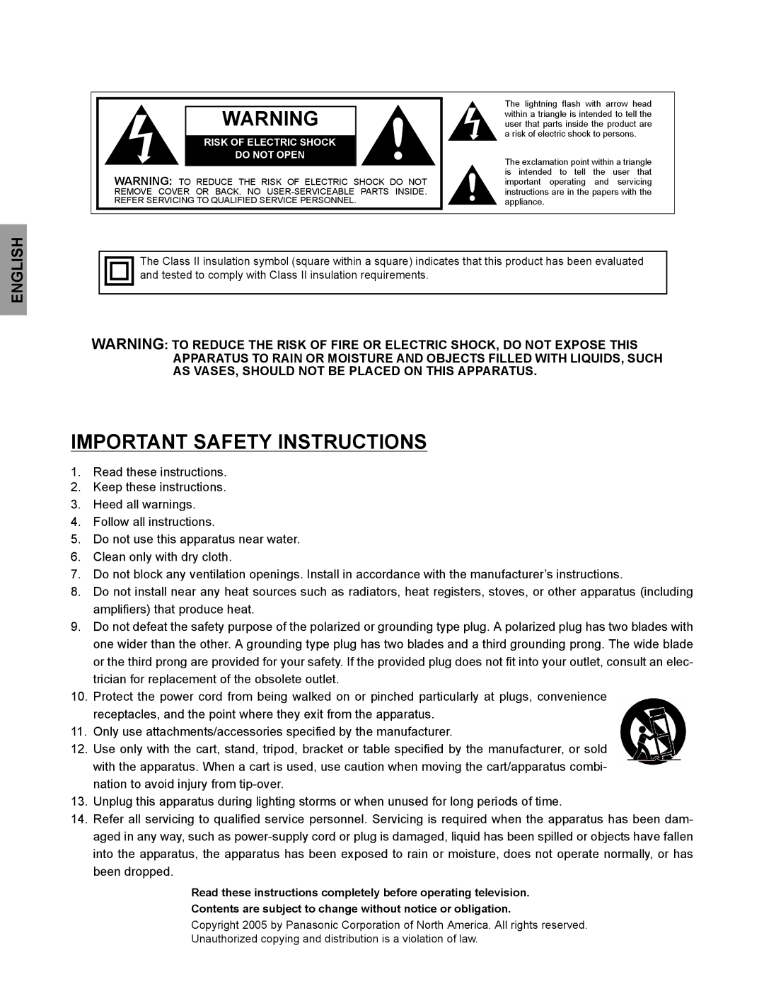 Panasonic CT 32SL15, CT-32SC15, CT-32SL15 manuel dutilisation English, Risk of Electric Shock Do not Open 