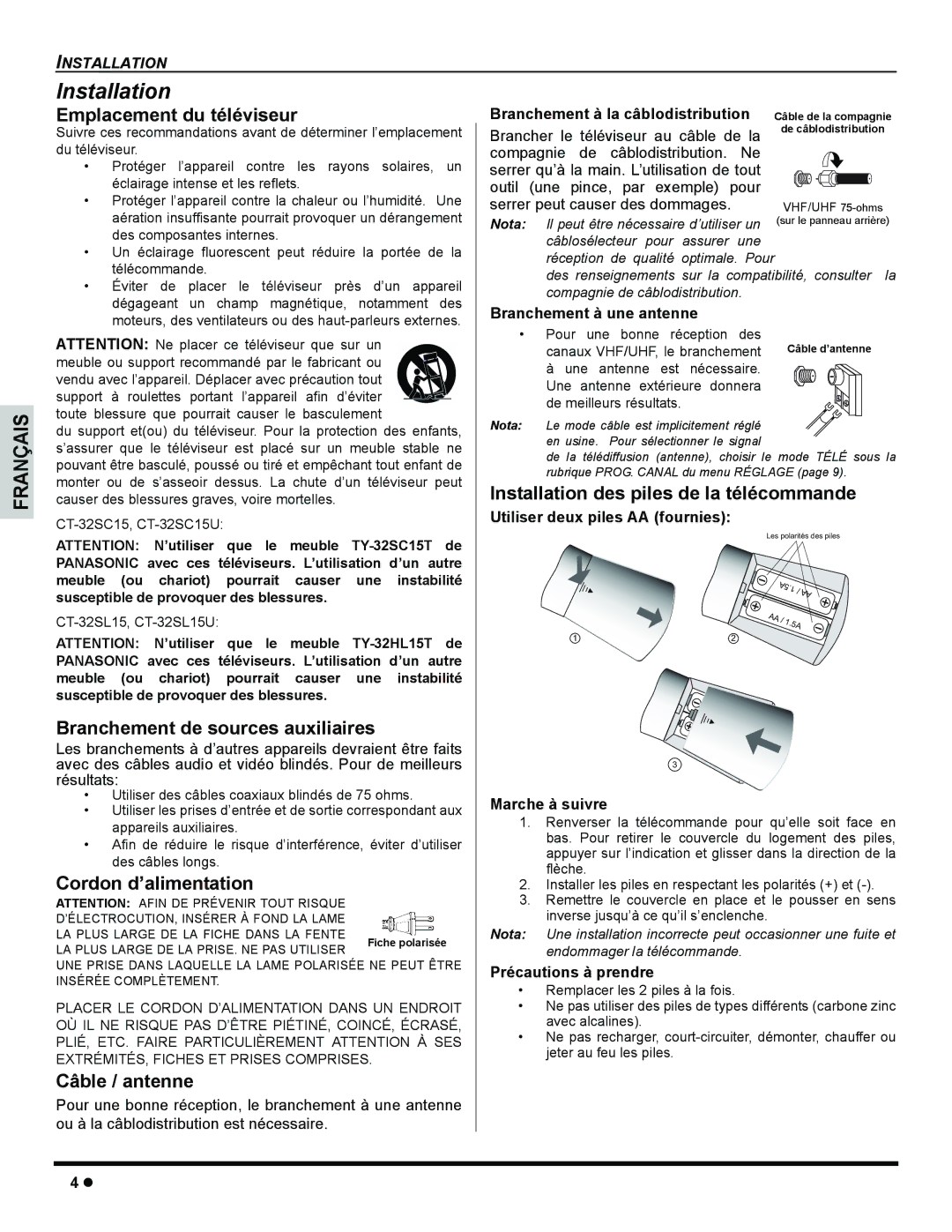 Panasonic CT 32SL15 Emplacement du téléviseur, Branchement de sources auxiliaires, Cordon d’alimentation, Câble / antenne 