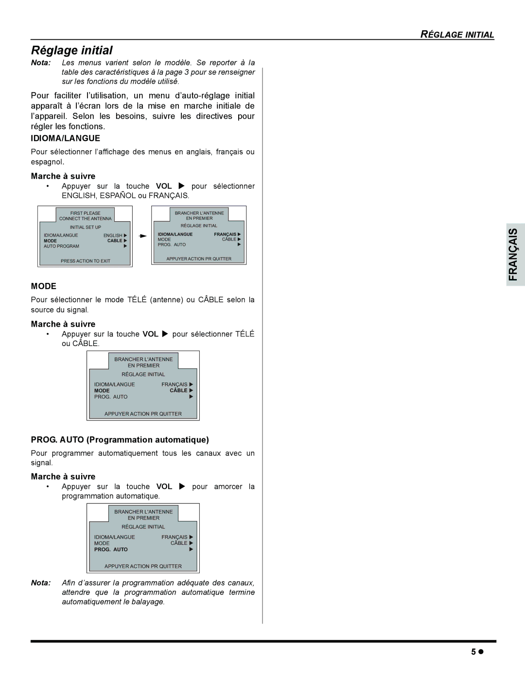 Panasonic CT-32SC15, CT-32SL15, CT 32SL15 Réglage initial, PROG. Auto Programmation automatique, Appuyer Sur la touche 