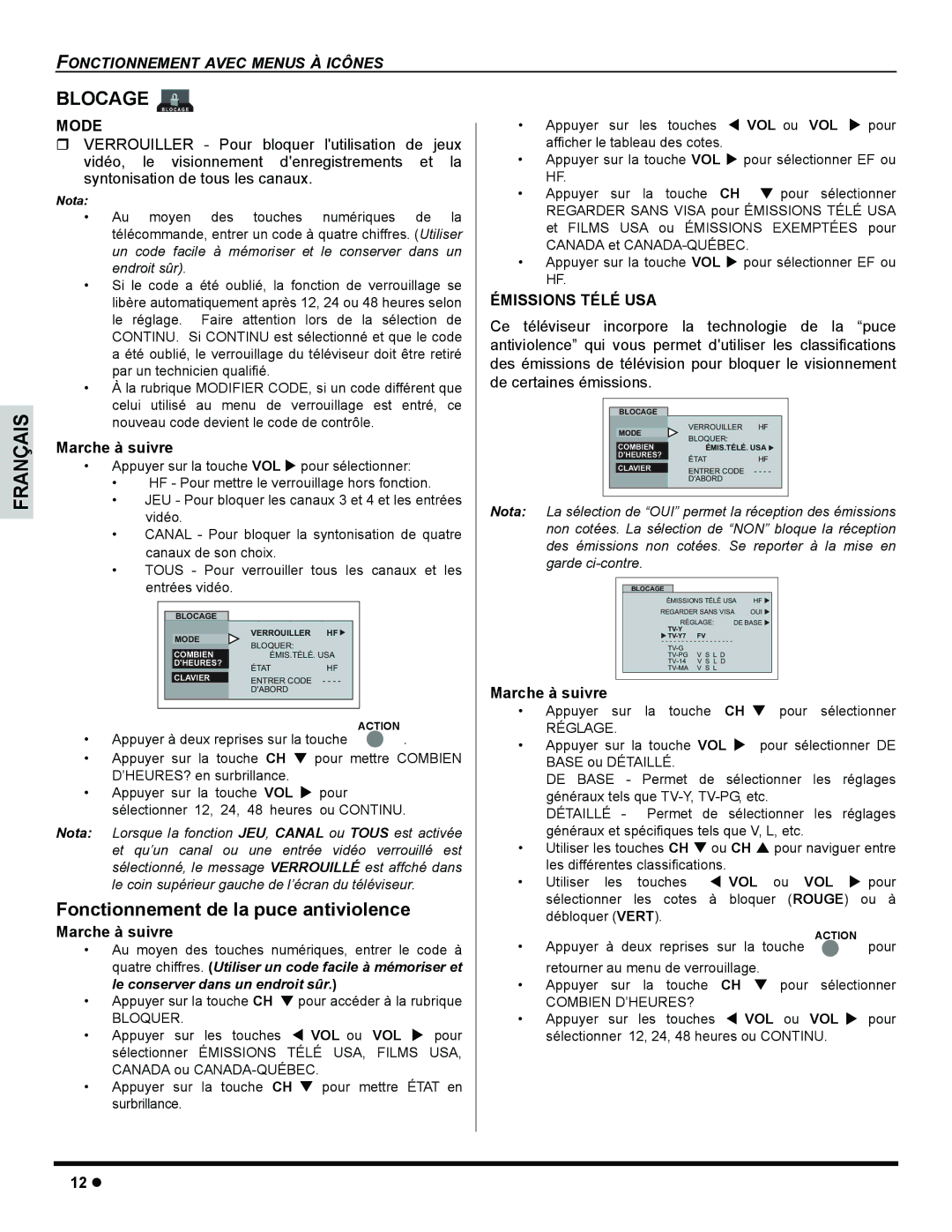 Panasonic CT 32SL15, CT-32SC15, CT-32SL15 Blocage, Fonctionnement de la puce antiviolence, Émissions Télé USA, VOL ou 