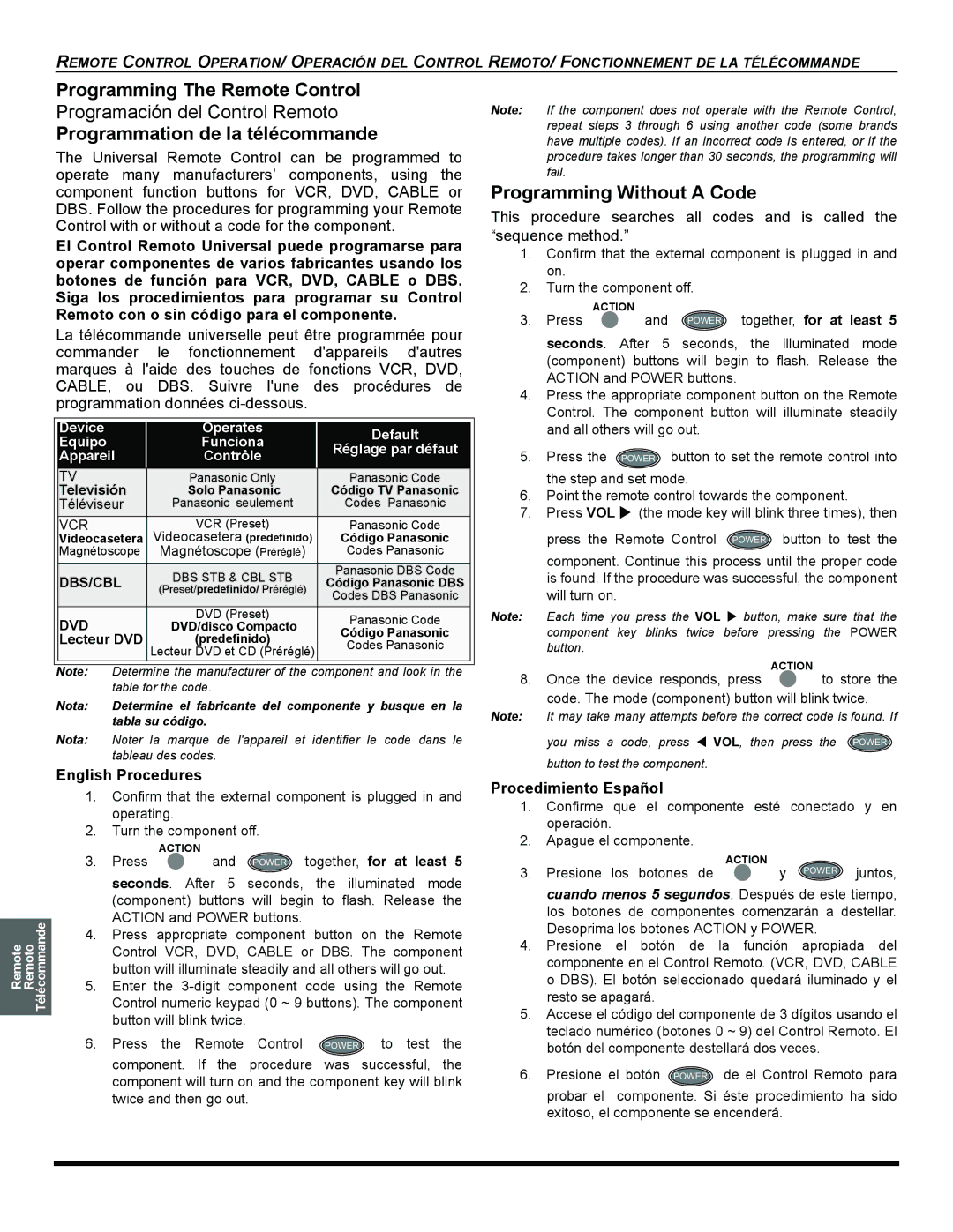 Panasonic CT 32SL15 Programming The Remote Control, Programmation de la télécommande, Programming Without a Code 