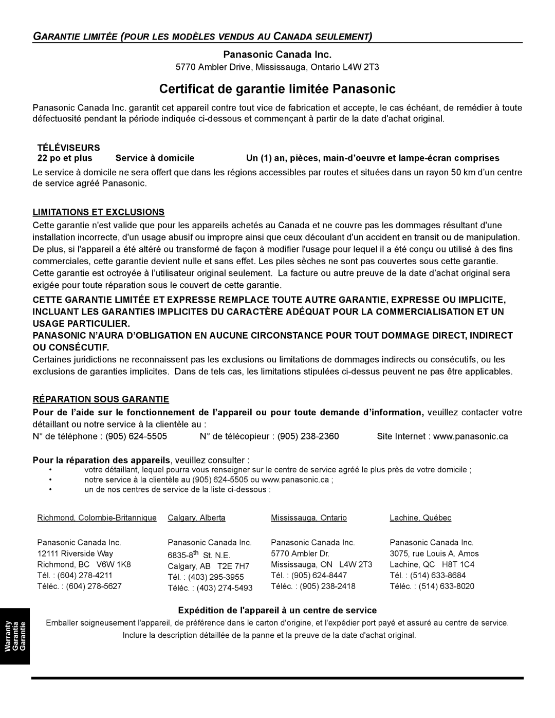 Panasonic CT 32SL15, CT-32SC15, CT-32SL15 Téléviseurs, Limitations ET Exclusions, Réparation Sous Garantie 