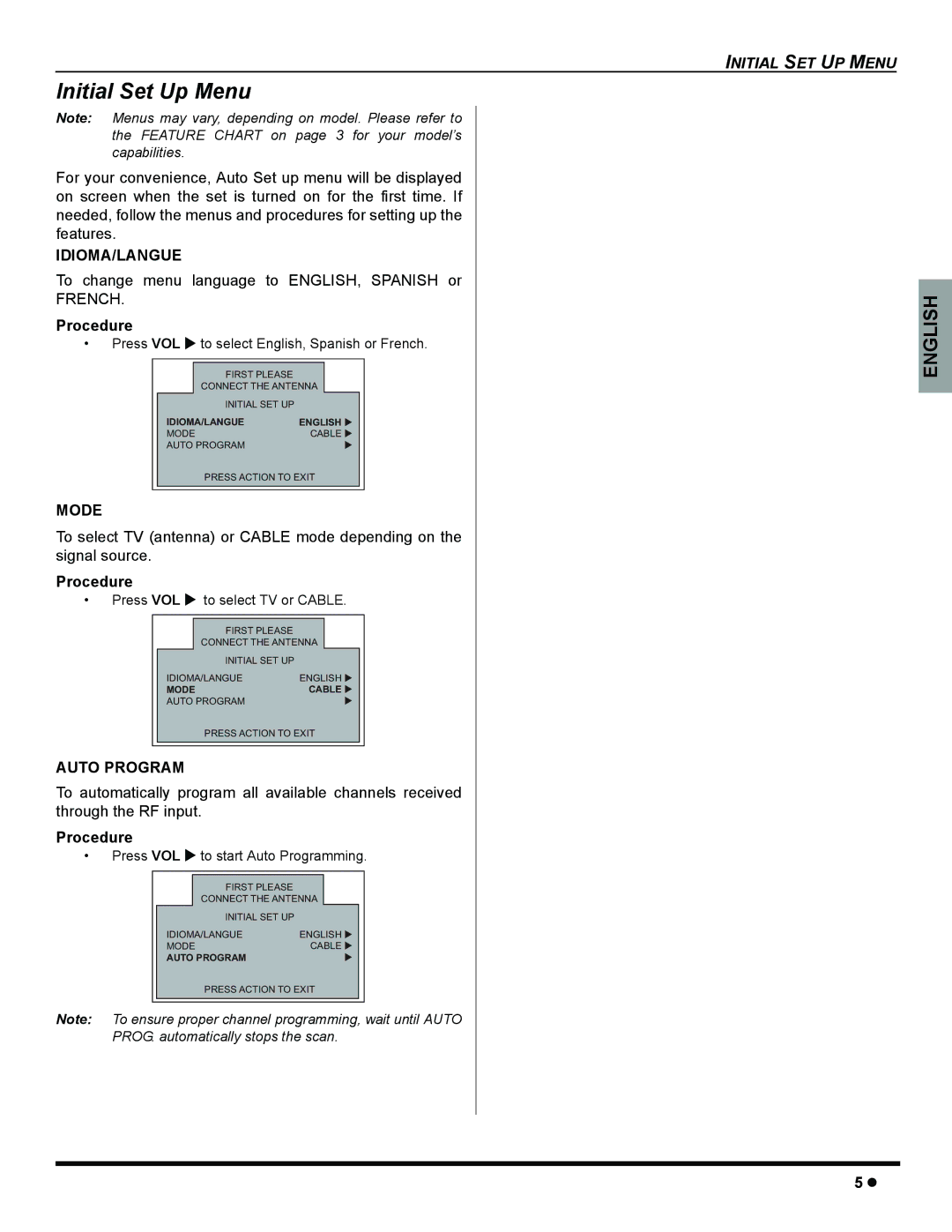 Panasonic CT-32SC15, CT-32SL15 Initial Set Up Menu, Idioma/Langue, To change menu language to ENGLISH, Spanish or, Mode 