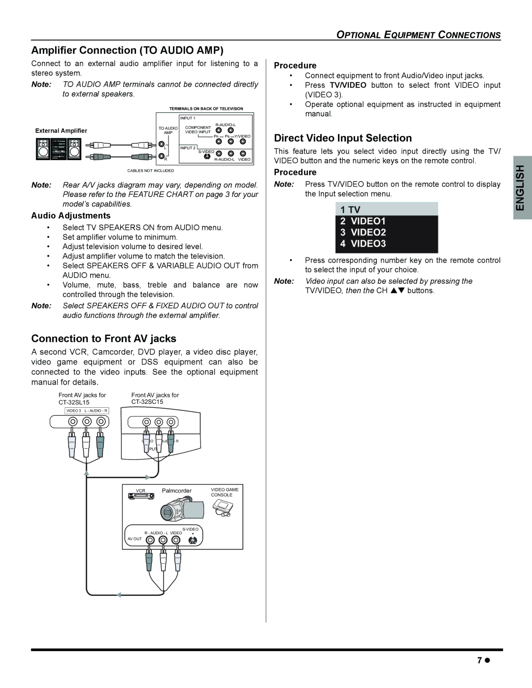 Panasonic CT-32SC15, CT-32SL15 Amplifier Connection to Audio AMP, Connection to Front AV jacks, Audio Adjustments 