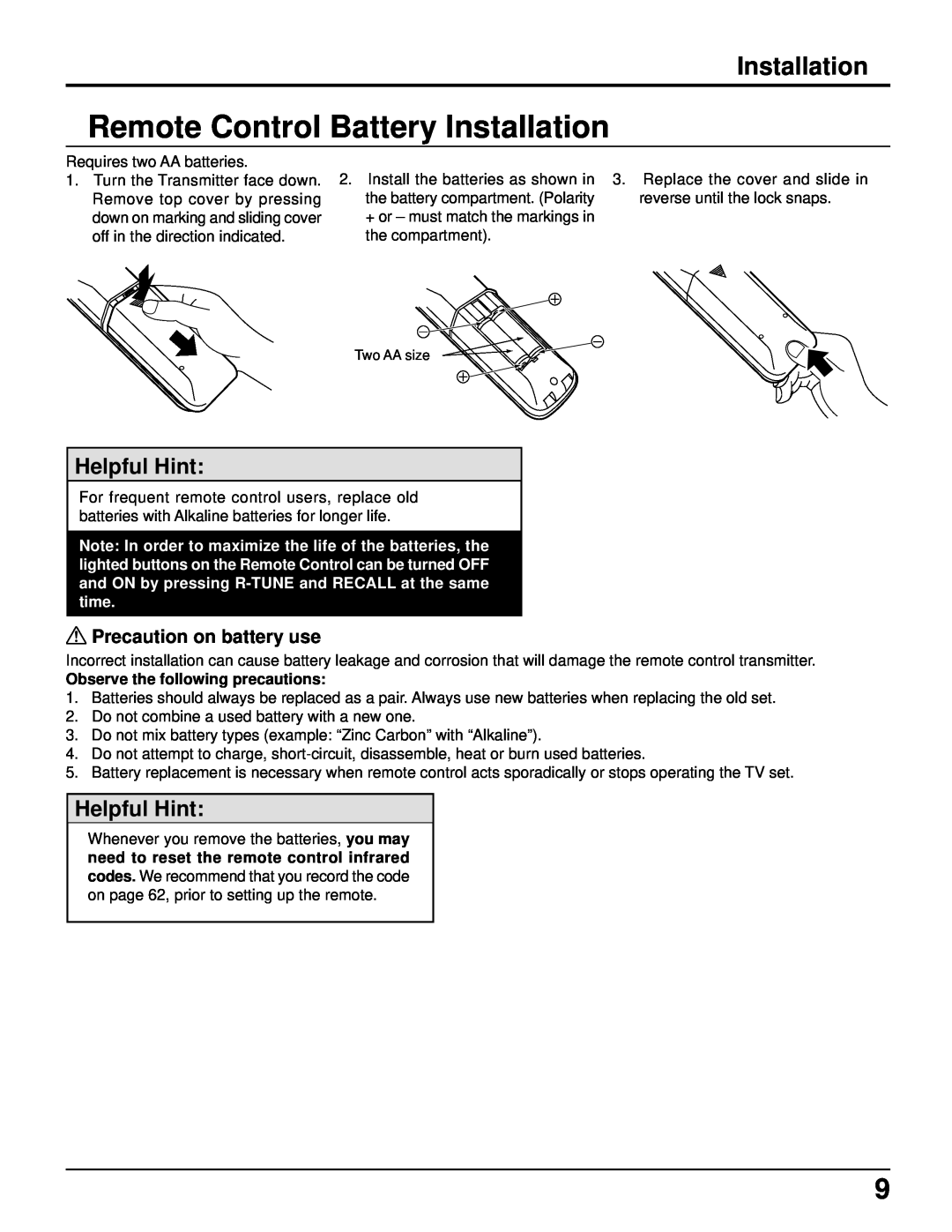Panasonic CT 34WX50 manual Remote Control Battery Installation, Precaution on battery use, Helpful Hint 