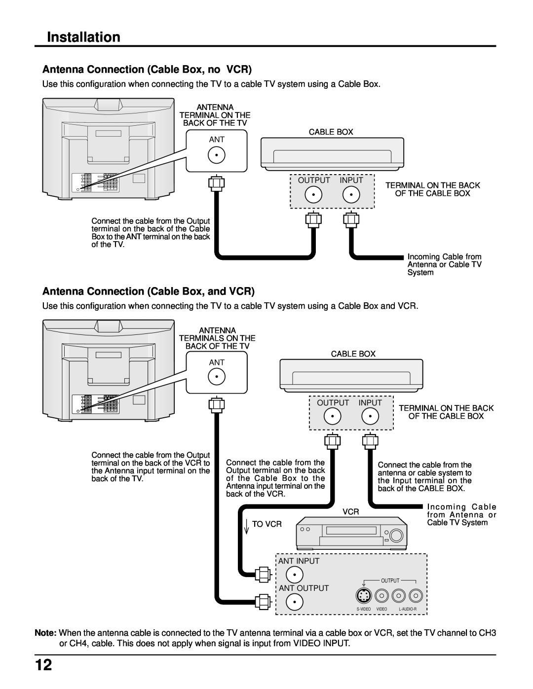 Panasonic CT 34WX50 manual Antenna Connection Cable Box, no VCR, Antenna Connection Cable Box, and VCR, Installation 