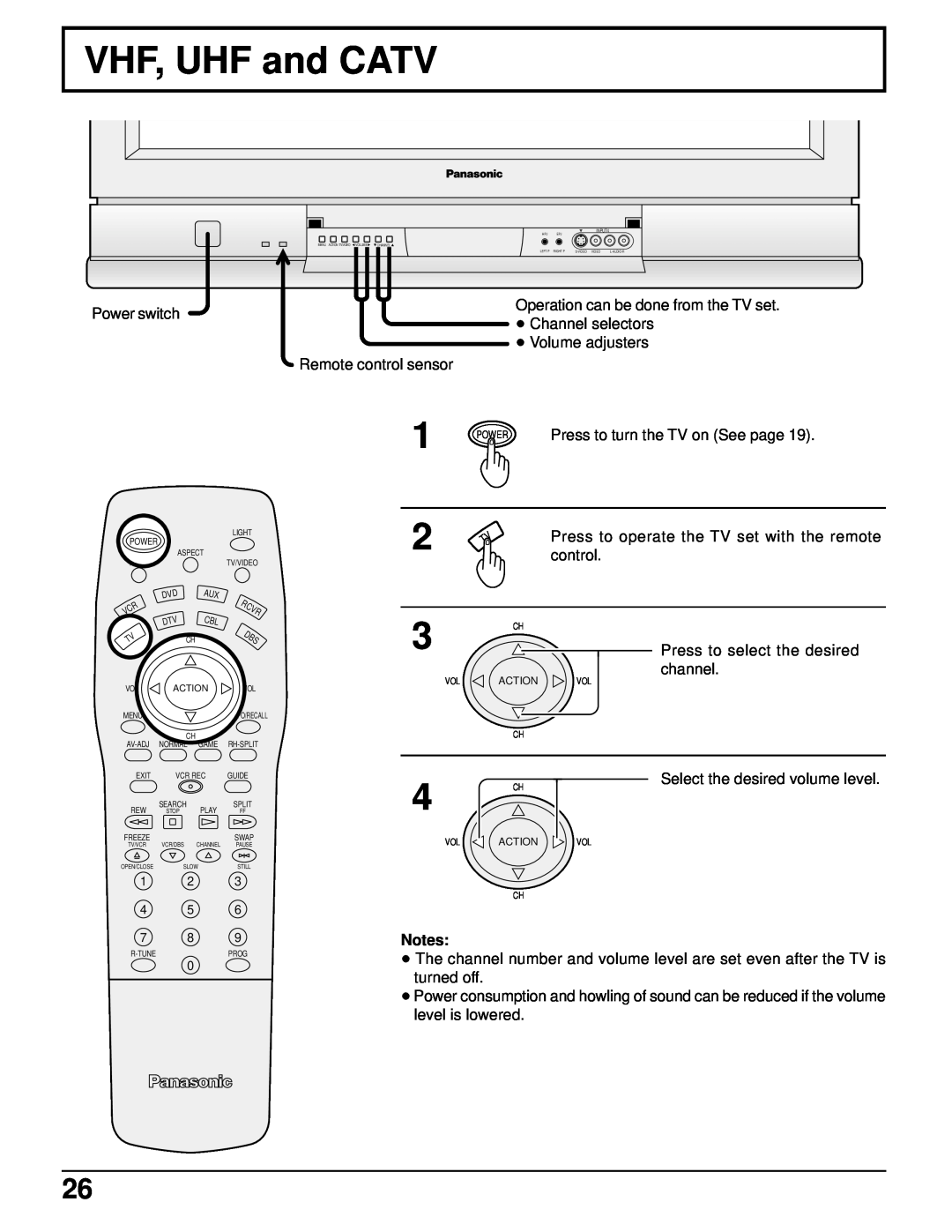 Panasonic CT 34WX50 manual VHF, UHF and CATV, 3 CH, 4 CH, Power switch 