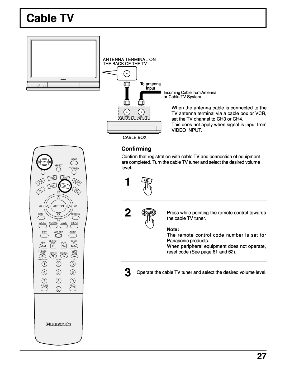 Panasonic CT 34WX50 manual Cable TV, Confirming 