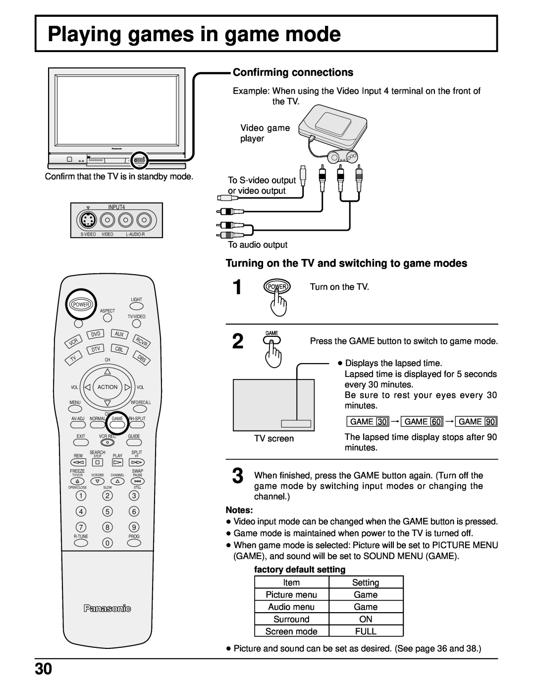 Panasonic CT 34WX50 Playing games in game mode, Turning on the TV and switching to game modes, Confirming connections 