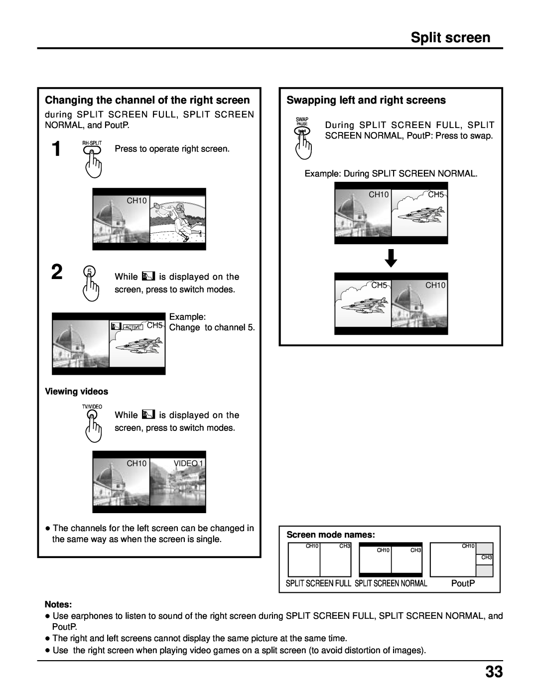 Panasonic CT 34WX50 manual Split screen, Changing the channel of the right screen, Swapping left and right screens 