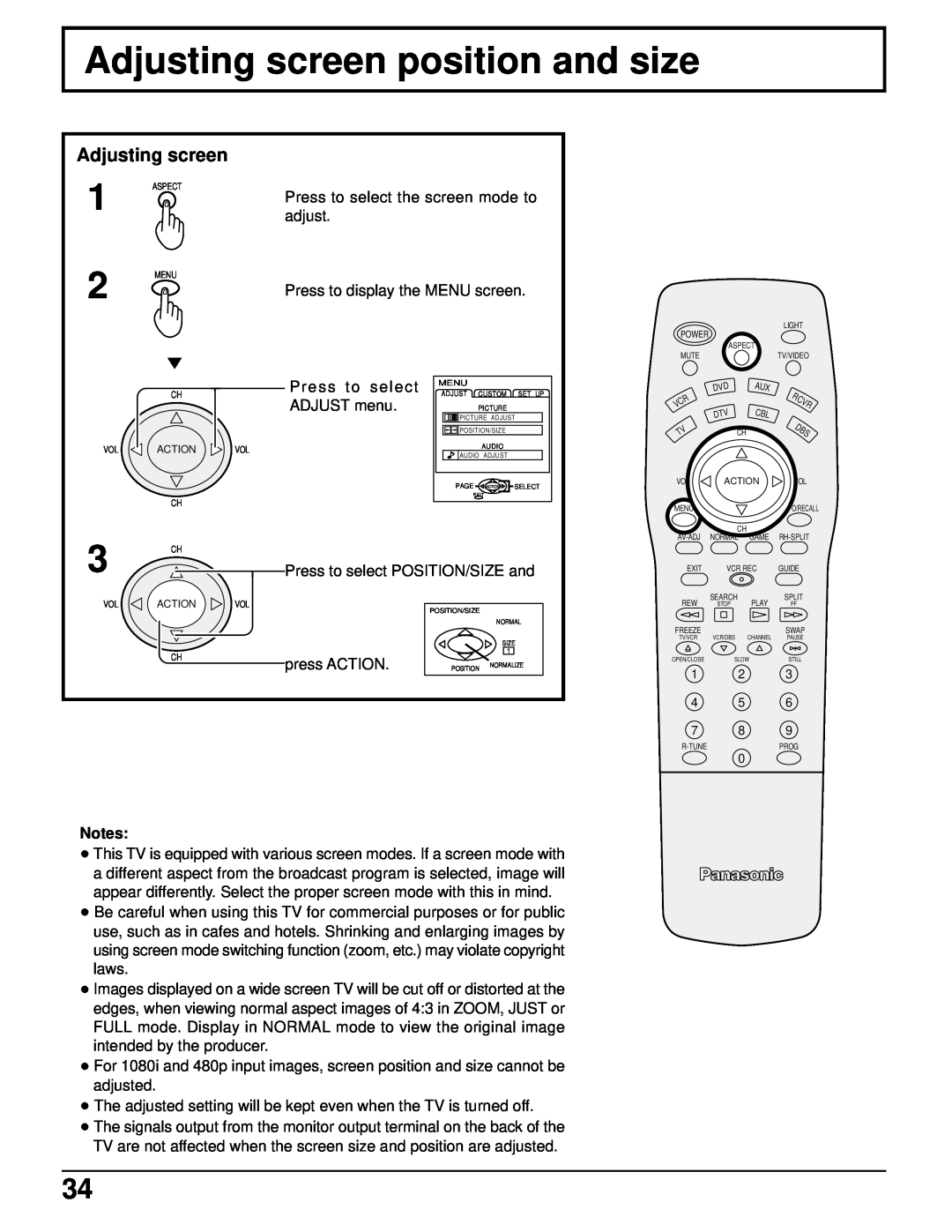 Panasonic CT 34WX50 manual Adjusting screen position and size 