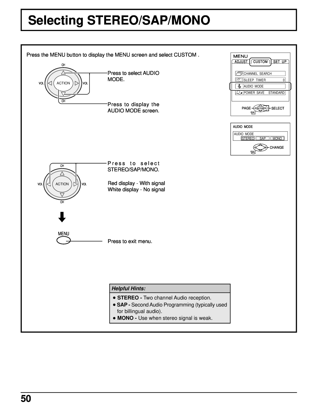 Panasonic CT 34WX50 manual Selecting STEREO/SAP/MONO, Helpful Hints 