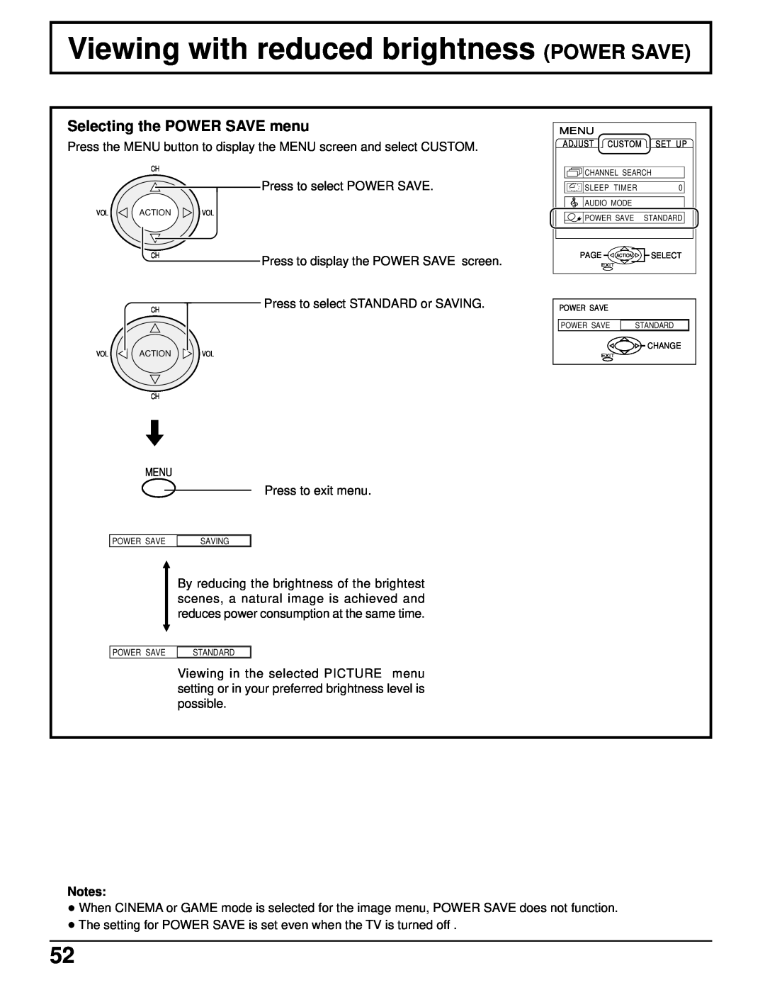 Panasonic CT 34WX50 manual Viewing with reduced brightness POWER SAVE, Selecting the POWER SAVE menu 