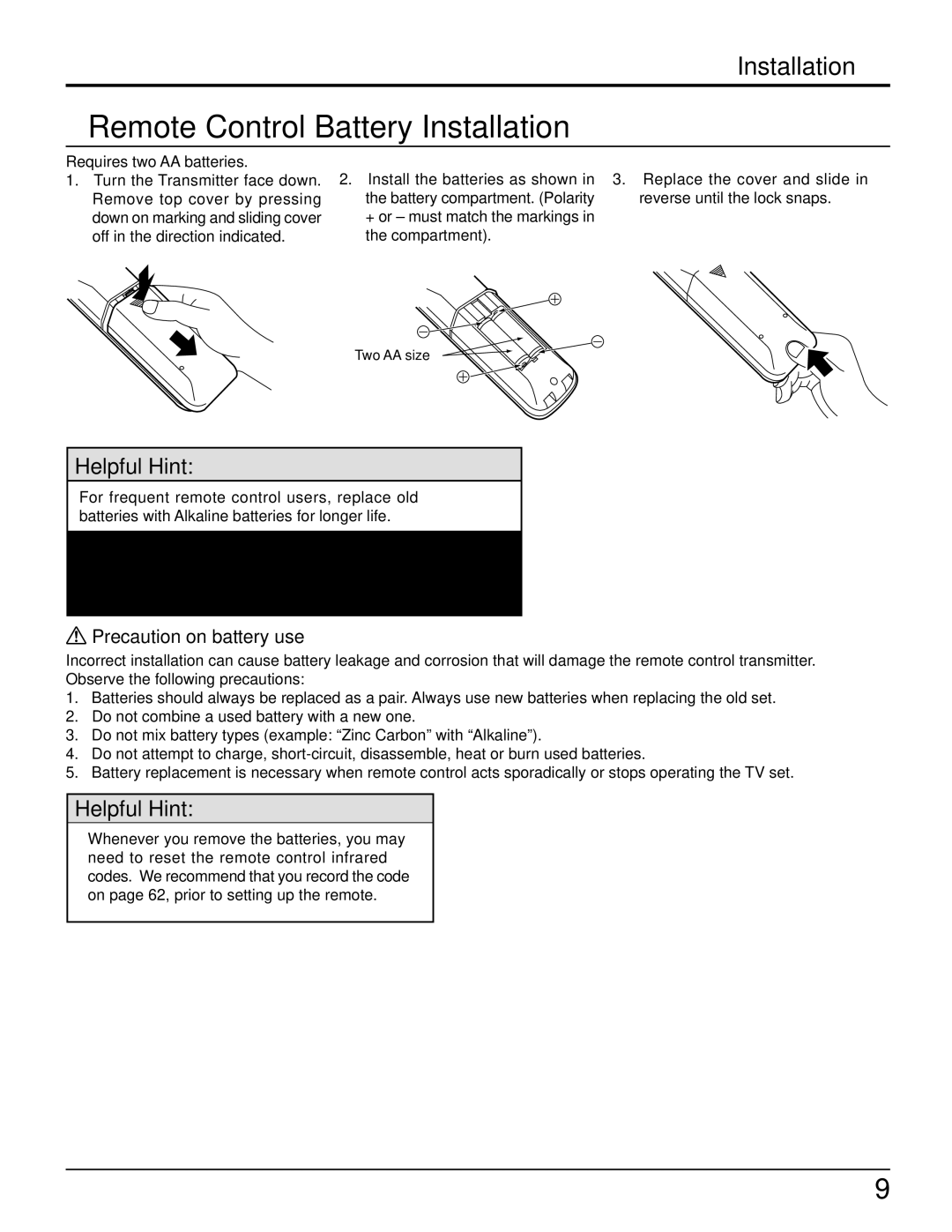 Panasonic CT 34WX50 Remote Control Battery Installation, Precaution on battery use, Observe the following precautions 