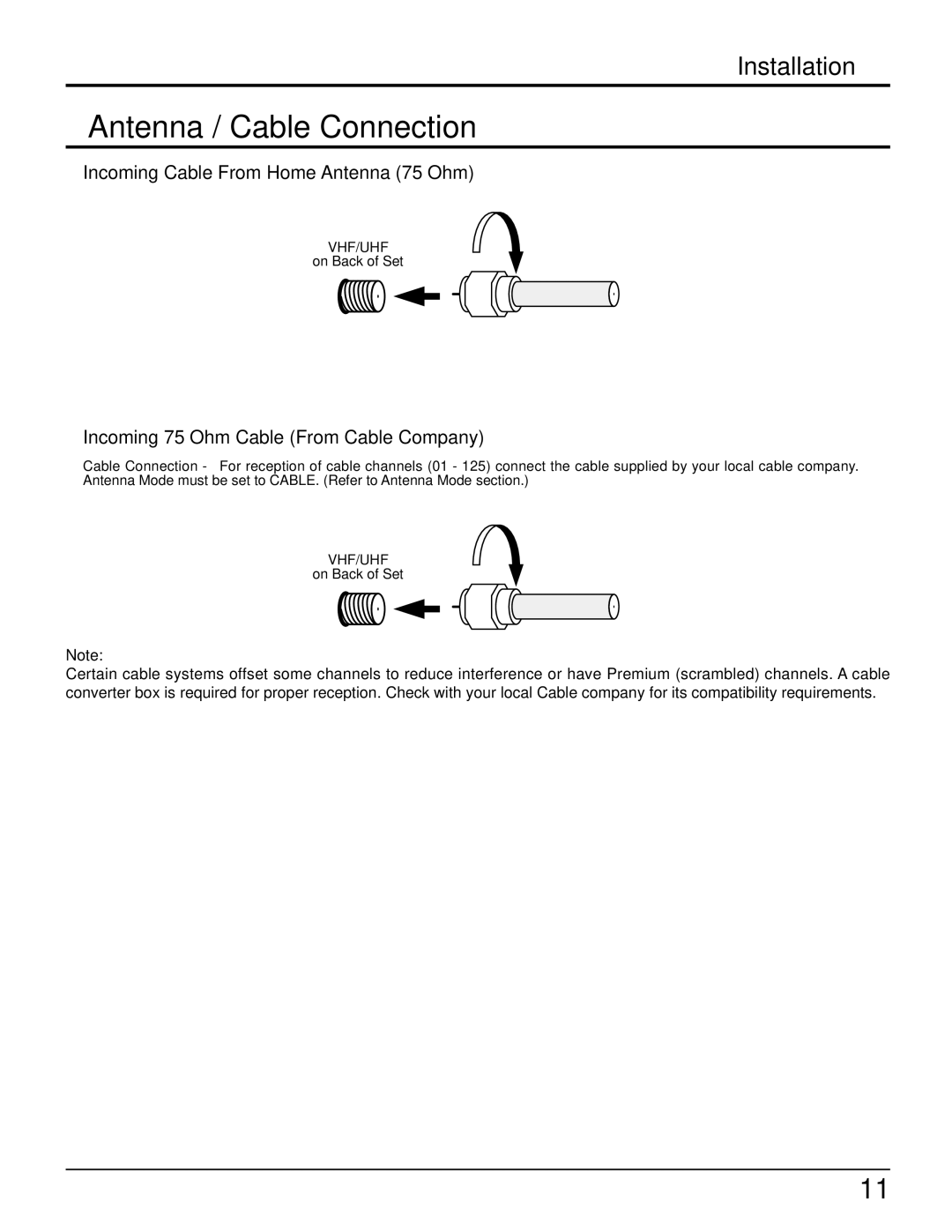 Panasonic CT 34WX50 manual Antenna / Cable Connection, Incoming Cable From Home Antenna 75 Ohm 