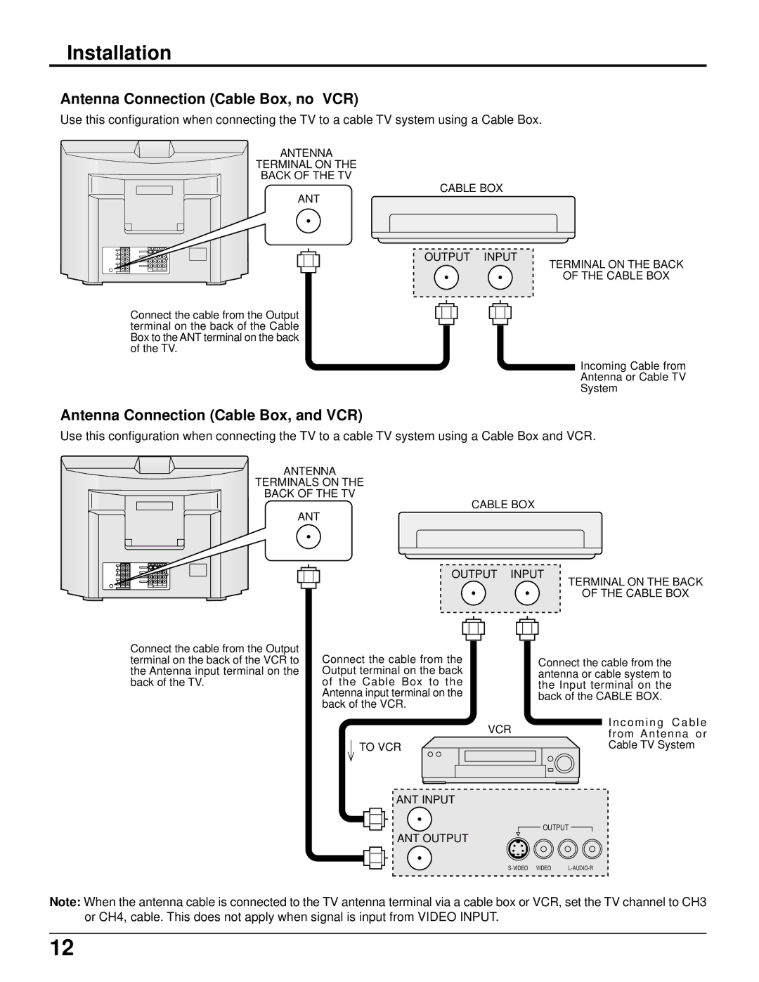 Panasonic CT 34WX50 manual Antenna Connection Cable Box, no VCR, Antenna Connection Cable Box, and VCR 