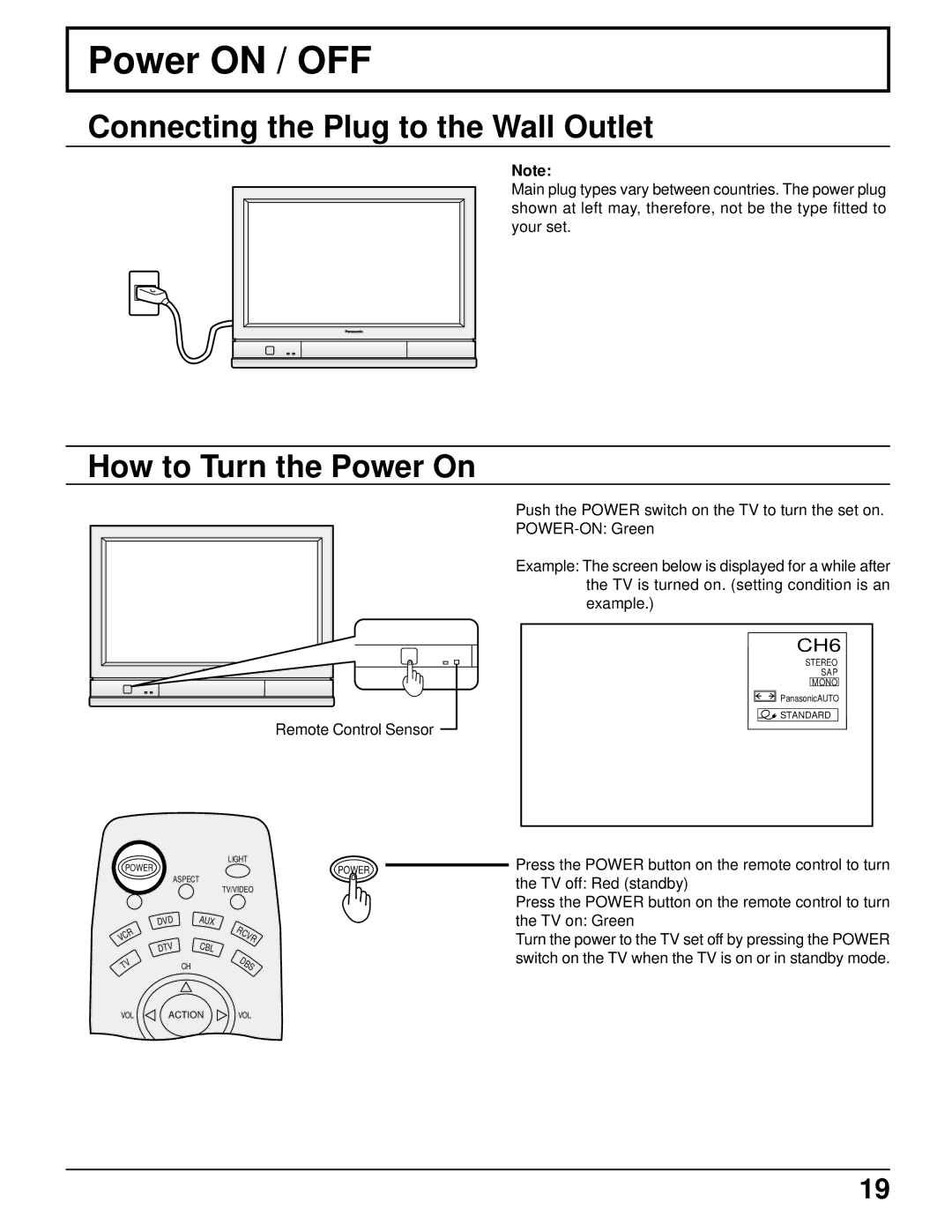 Panasonic CT 34WX50 manual Power on / OFF, Connecting the Plug to the Wall Outlet, How to Turn the Power On 