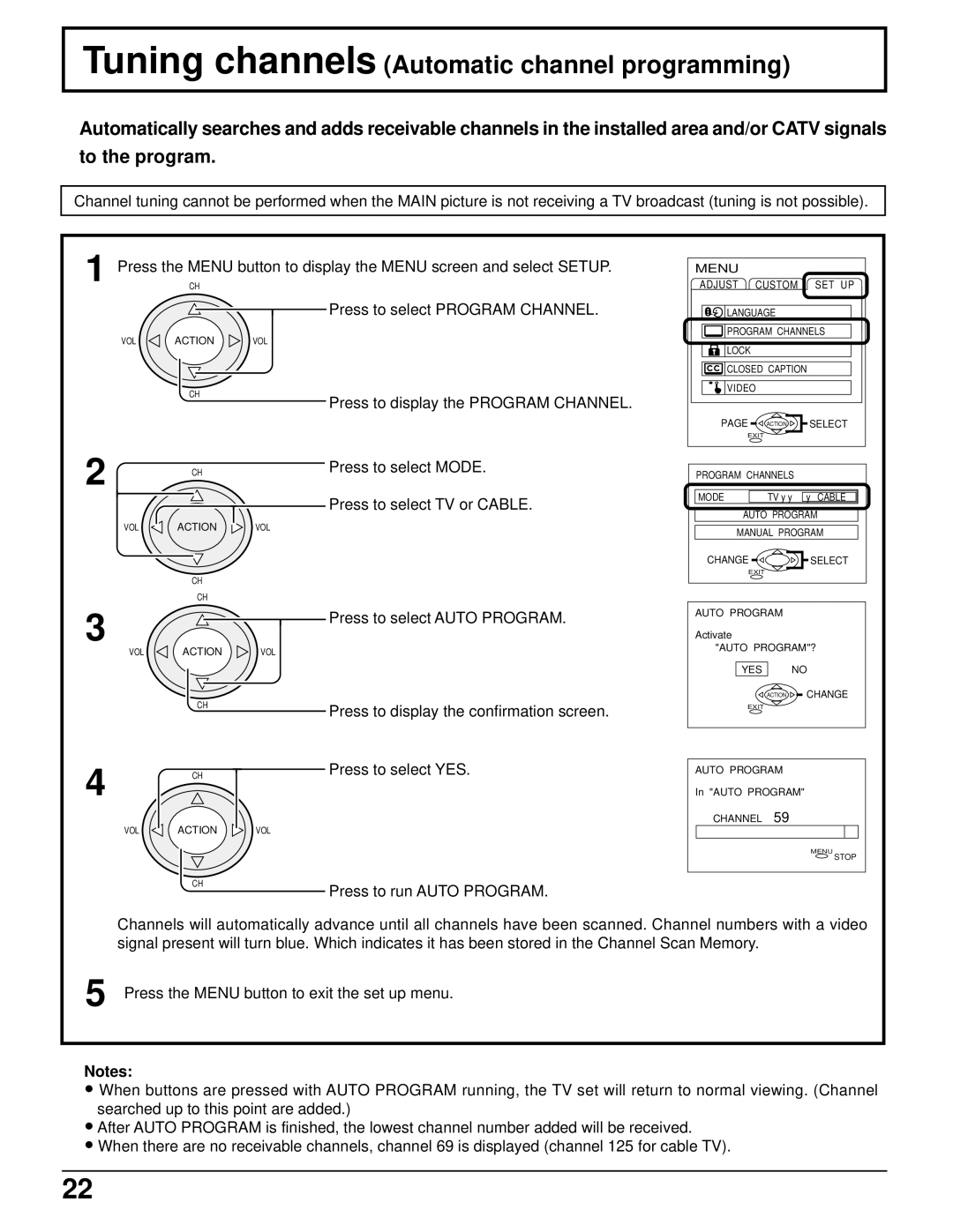 Panasonic CT 34WX50 manual Tuning channels Automatic channel programming, Press to display the Program Channel 