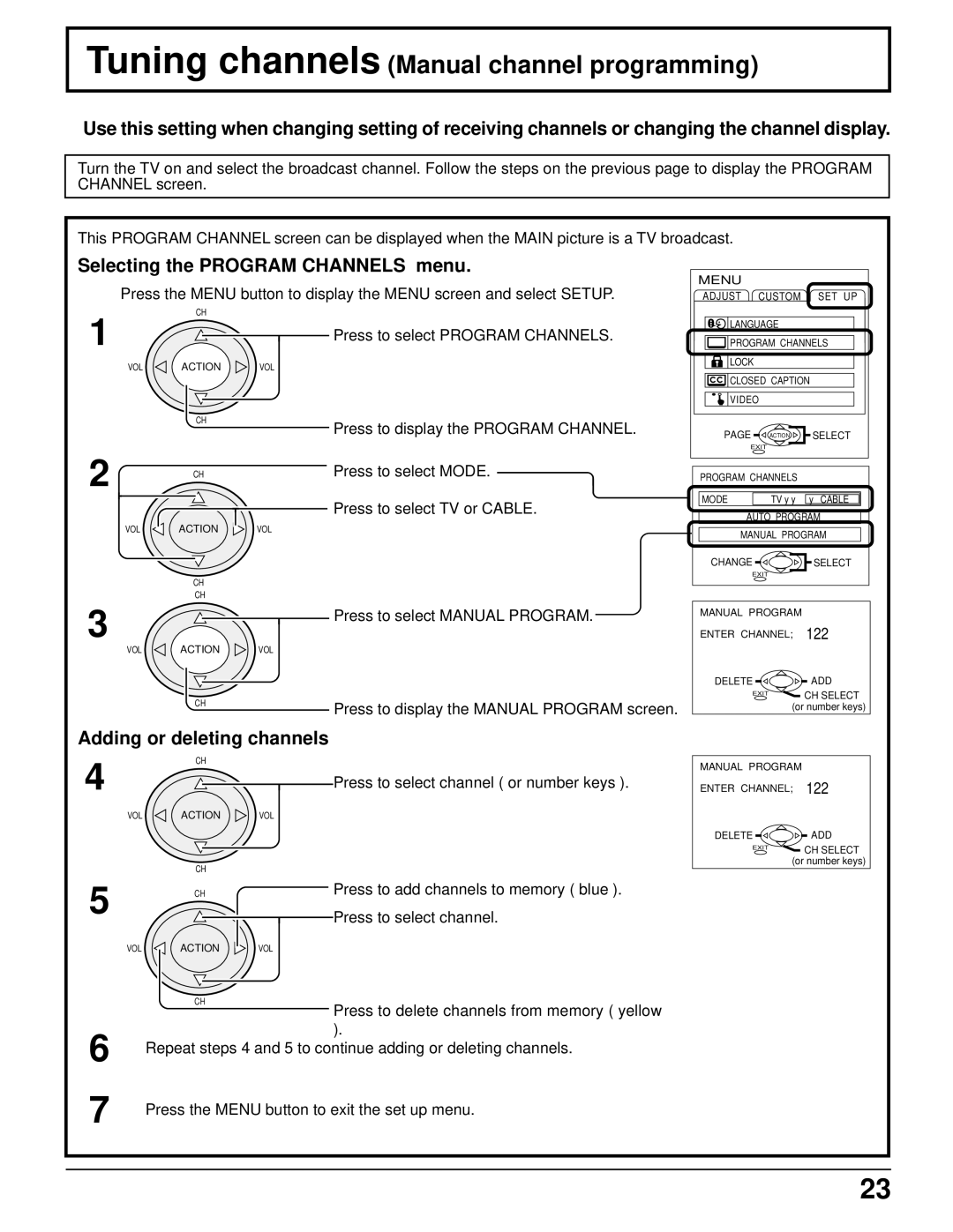 Panasonic CT 34WX50 manual Tuning channels Manual channel programming, Selecting the Program Channels menu 