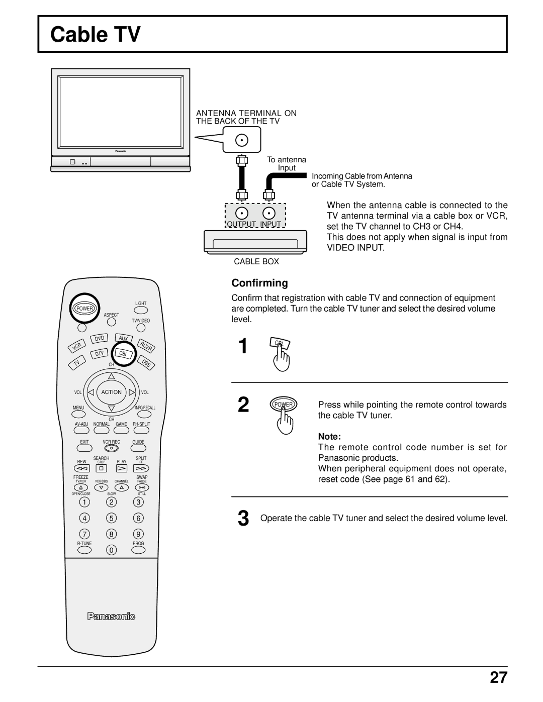 Panasonic CT 34WX50 manual Cable TV, Confirming, Video Input 