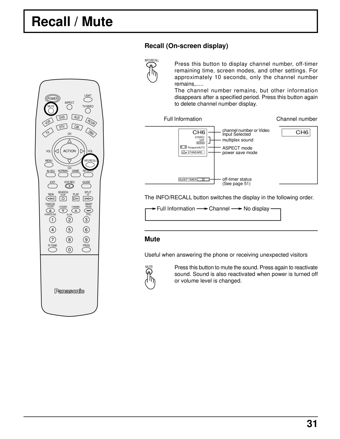 Panasonic CT 34WX50 Recall / Mute, Recall On-screen display, Sound. Sound is also reactivated when power is turned off 