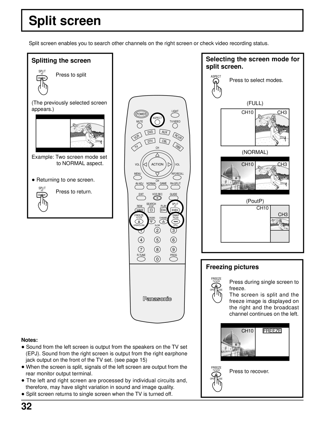 Panasonic CT 34WX50 Split screen, Splitting the screen, Selecting the screen mode for split screen, Freezing pictures 