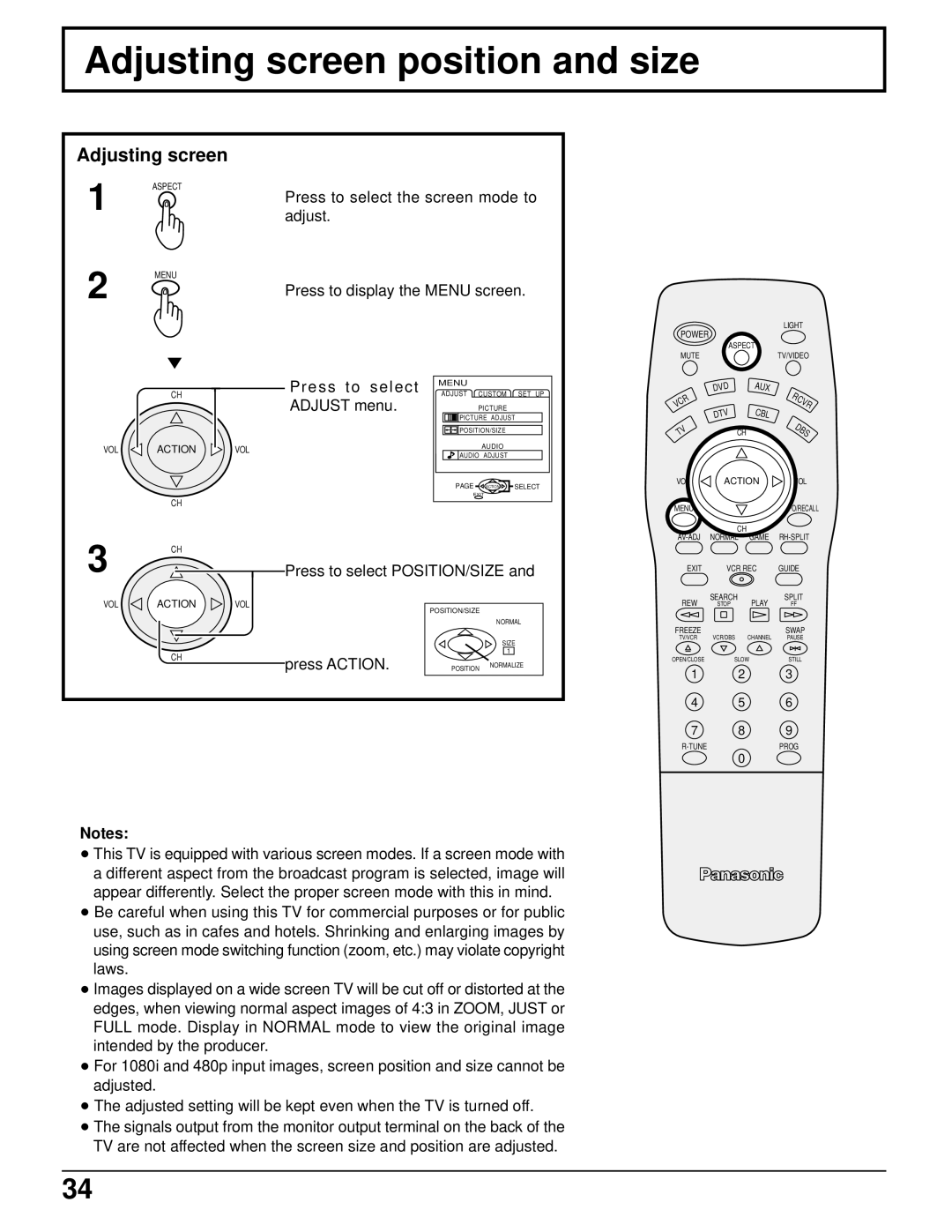 Panasonic CT 34WX50 manual Adjusting screen position and size, Press to select POSITION/SIZE, Press Action 