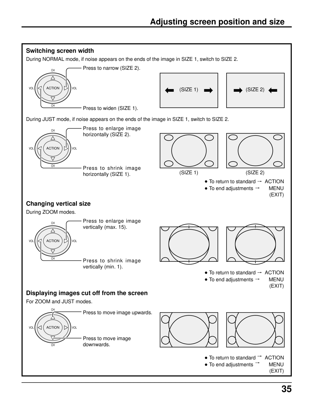 Panasonic CT 34WX50 manual Adjusting screen position and size, Switching screen width, Changing vertical size, Exit 