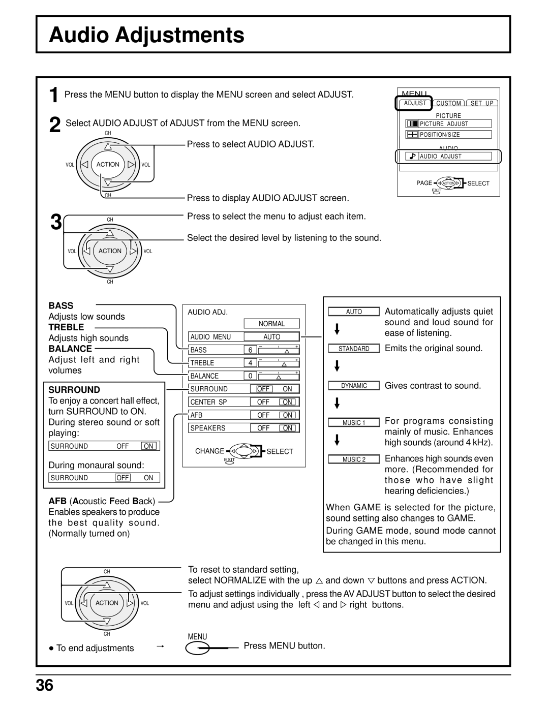 Panasonic CT 34WX50 manual Audio Adjustments, Bass, Treble, Balance, Surround 