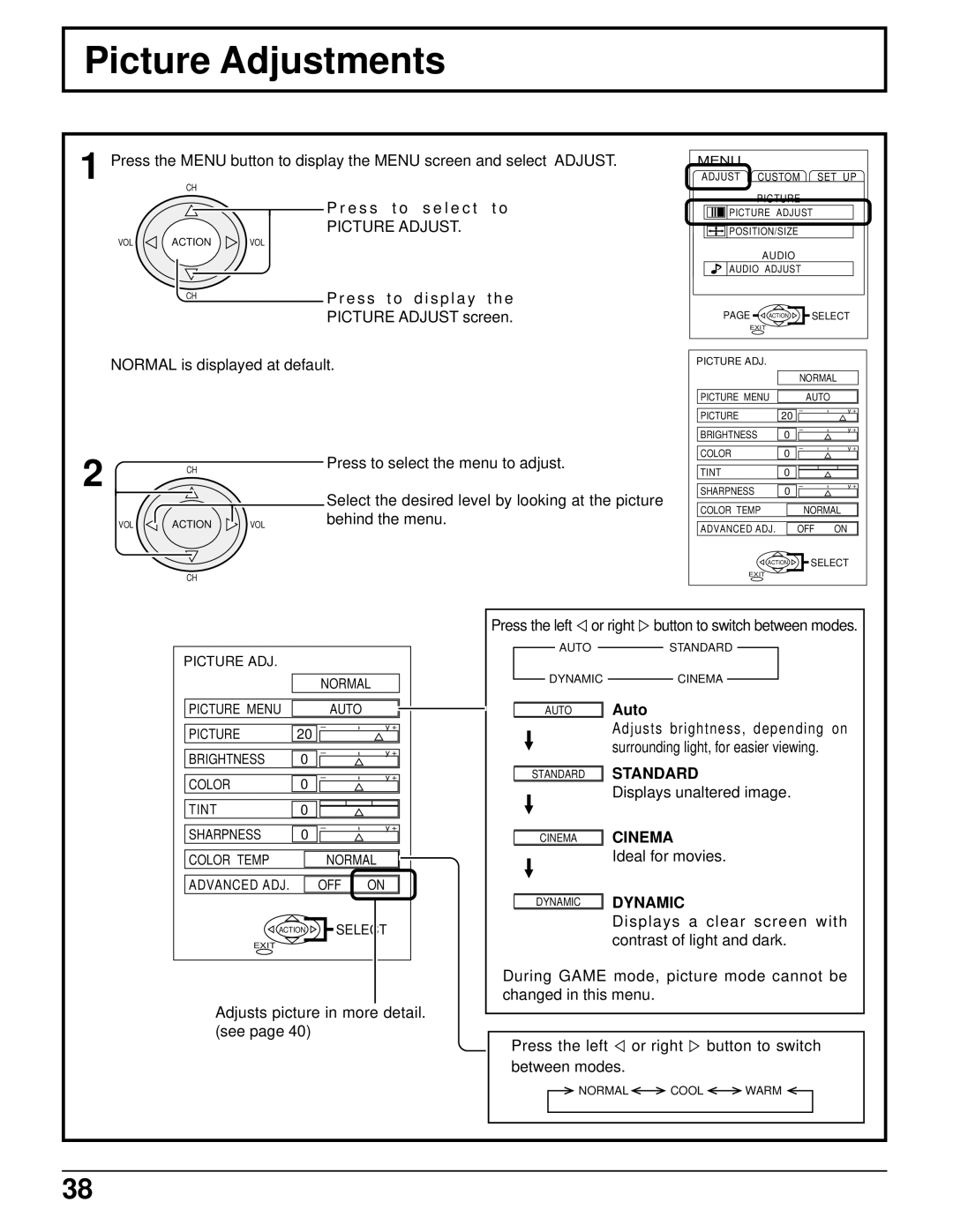 Panasonic CT 34WX50 manual Picture Adjustments, Auto, Standard, Cinema, Dynamic 