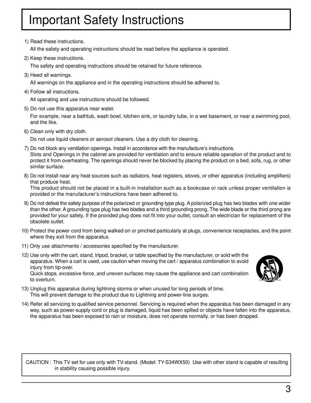 Panasonic CT 34WX50 manual Important Safety Instructions 