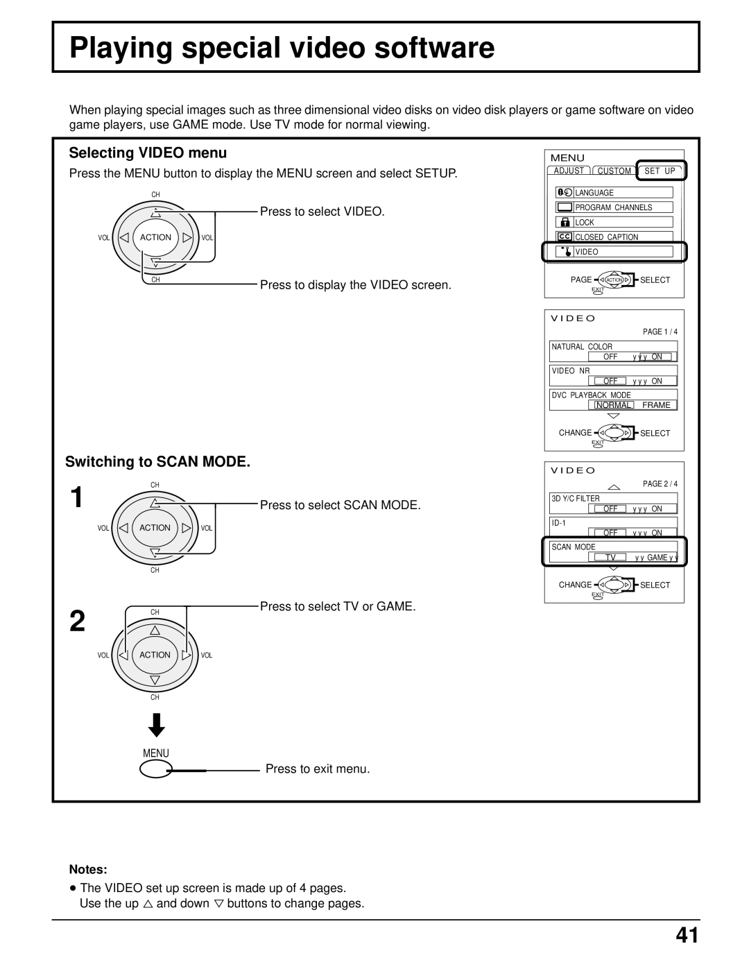 Panasonic CT 34WX50 manual Playing special video software, Selecting Video menu, Switching to Scan Mode 