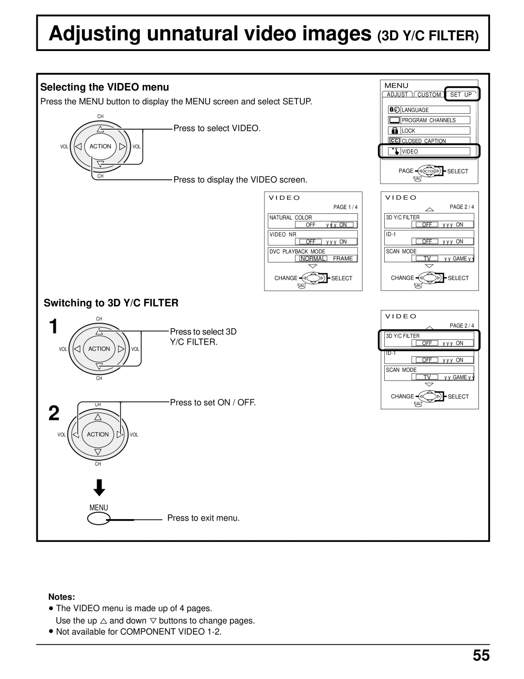 Panasonic CT 34WX50 Adjusting unnatural video images 3D Y/C Filter, Selecting the Video menu, Switching to 3D Y/C Filter 