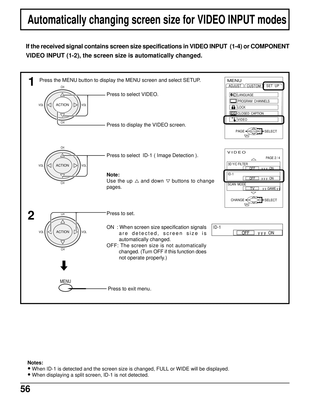 Panasonic CT 34WX50 Automatically changing screen size for Video Input modes, Use the up Down buttons to change Pages 