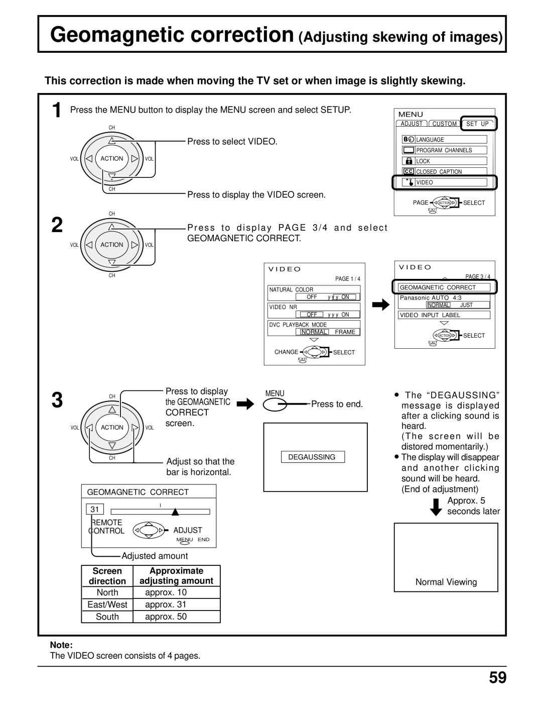 Panasonic CT 34WX50 manual Geomagnetic correction Adjusting skewing of images, Geomagnetic Correct 