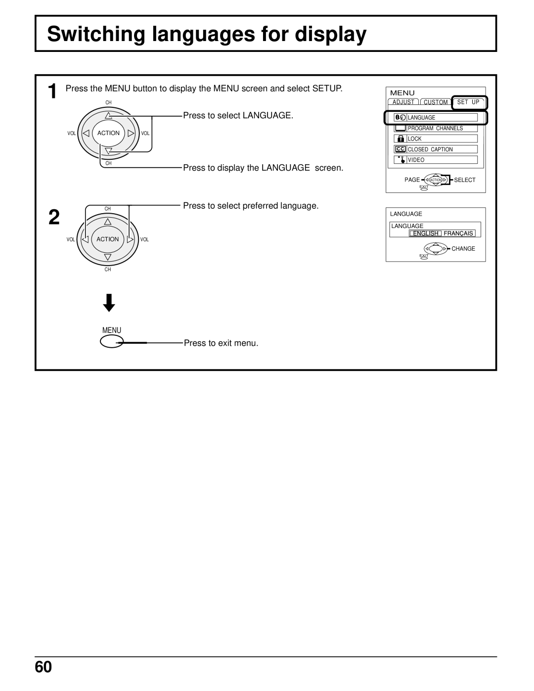 Panasonic CT 34WX50 manual Switching languages for display, Press to exit menu 