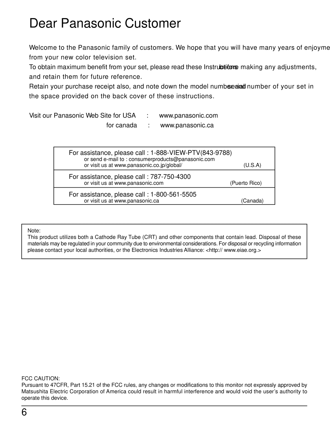 Panasonic CT 34WX50 manual Dear Panasonic Customer, FCC Caution 