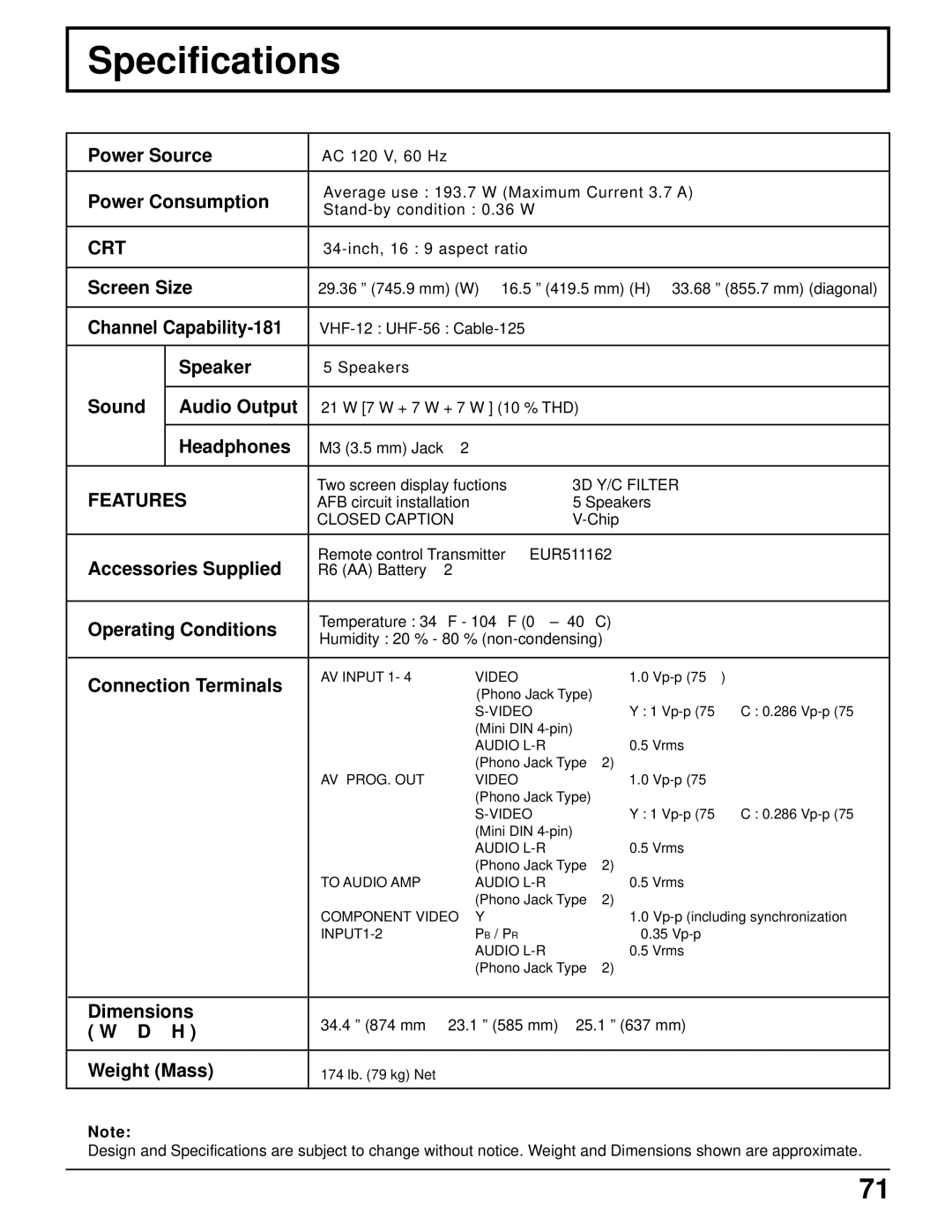 Panasonic CT 34WX50 manual Specifications 