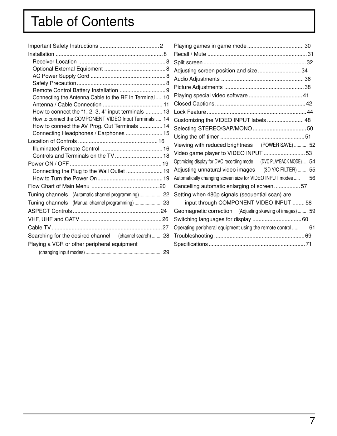 Panasonic CT 34WX50 manual Table of Contents 