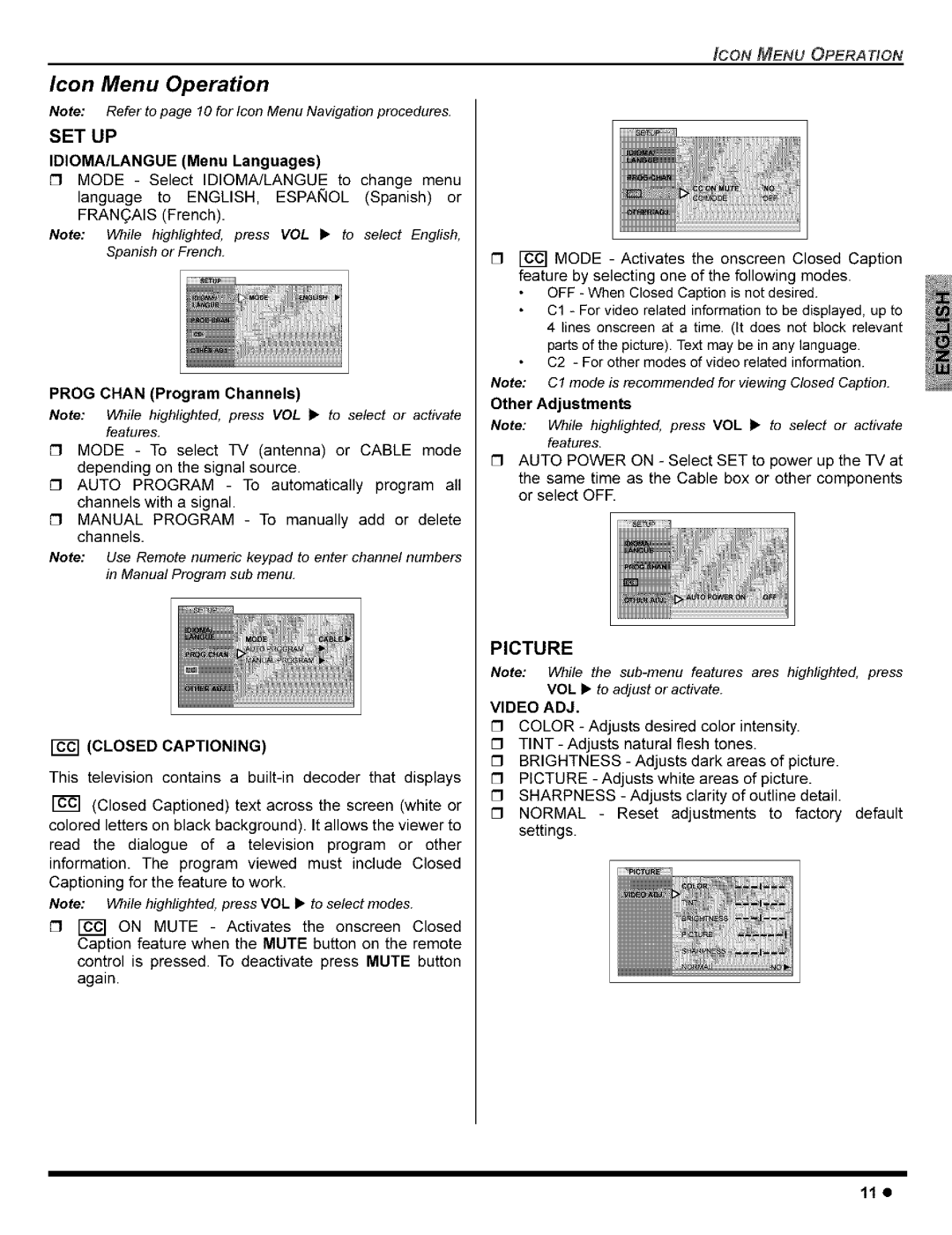 Panasonic CT-27G8, CT-36G8, CT-32C8 manual Icon Menu Operation, Prog Chan Program Channels, Closed Captioning, Video ADJ, 11e 