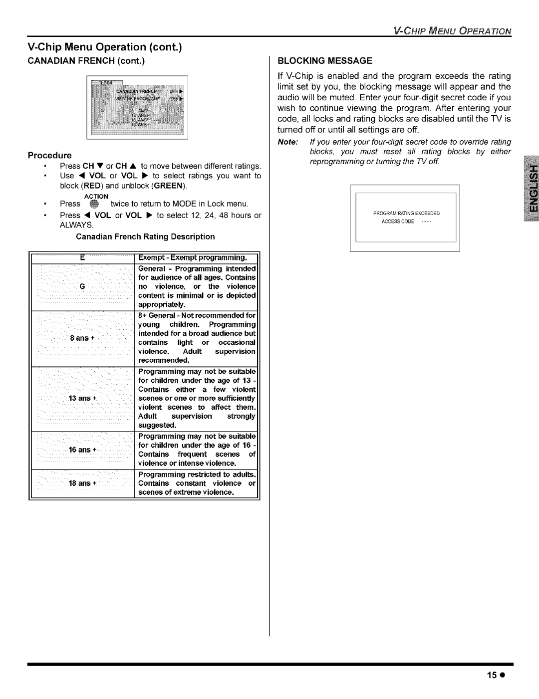 Panasonic CT-32G8, CT-36G8, CT-32C8, CT-27G8, CT-27C8 manual Chip Menu Operation, Blocking Message, 15e 